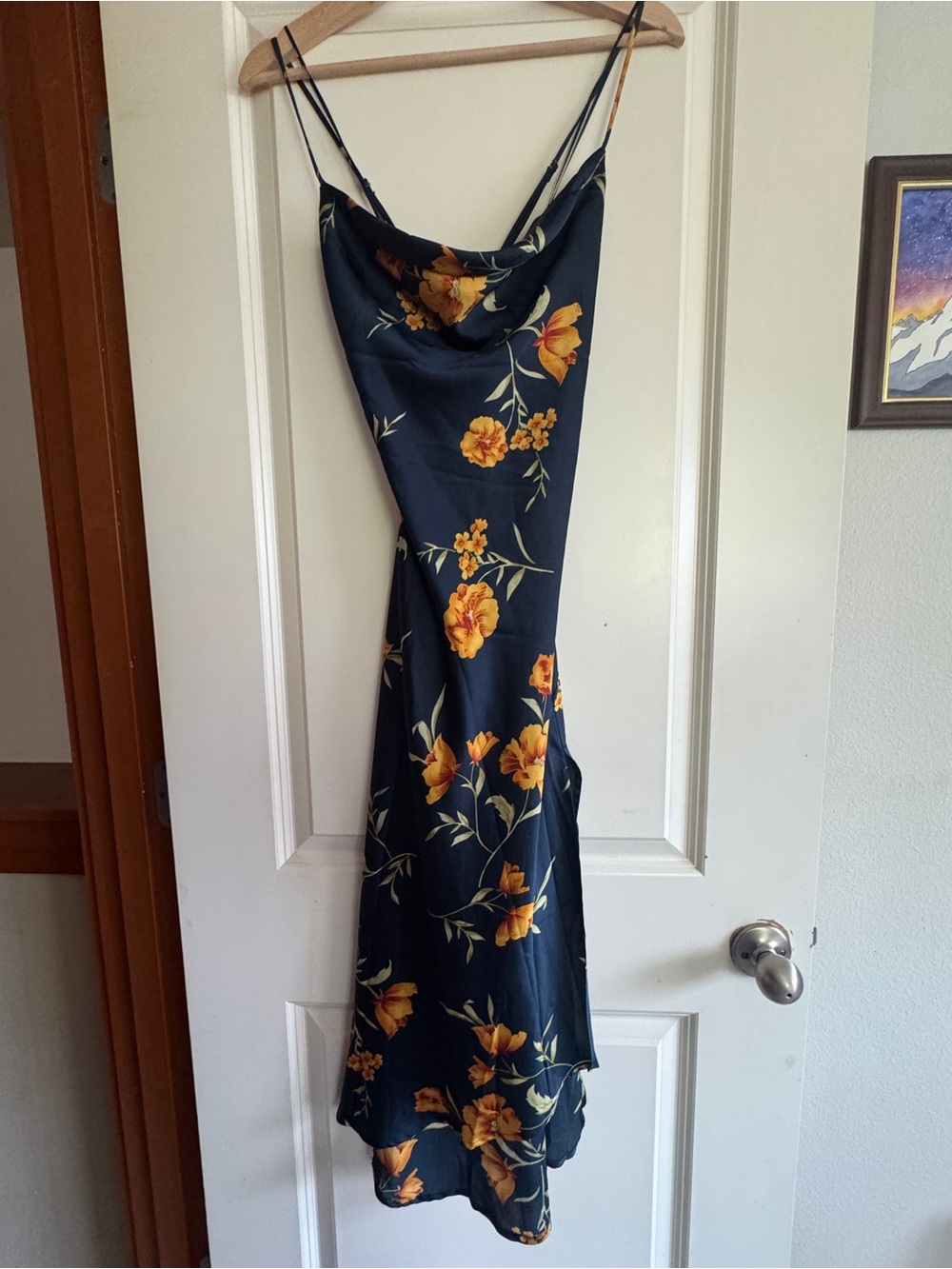 Astr the Label - Gaia Dress, Navy Slip Dress with Yellow/Orange Floral Print